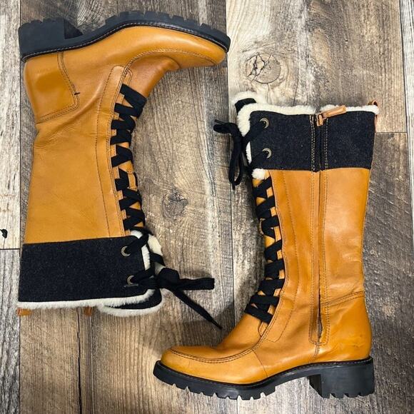 Cole Hann Henson Tall Leather Boots Camel Sherling Lace Up Lug Sole Size 6 1/2 - Picture 4 of 13